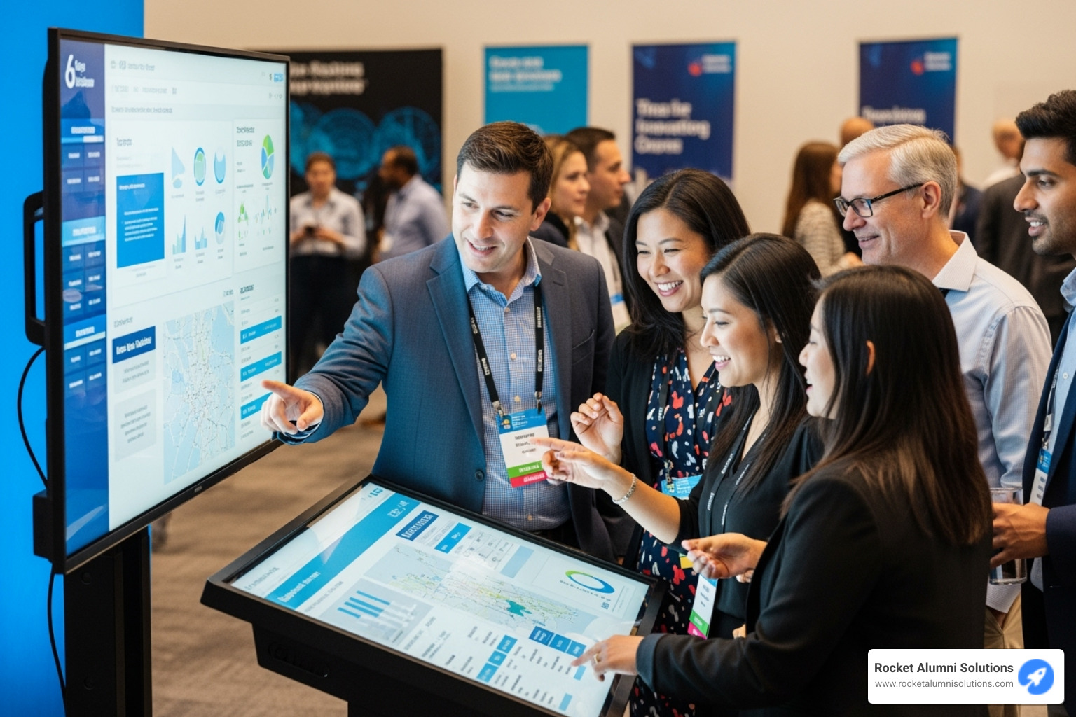 Attendees interacting with a large touch-screen display at an event - Digital signage for events Attendees interacting with a large touch-screen display at an event - Digital signage for events