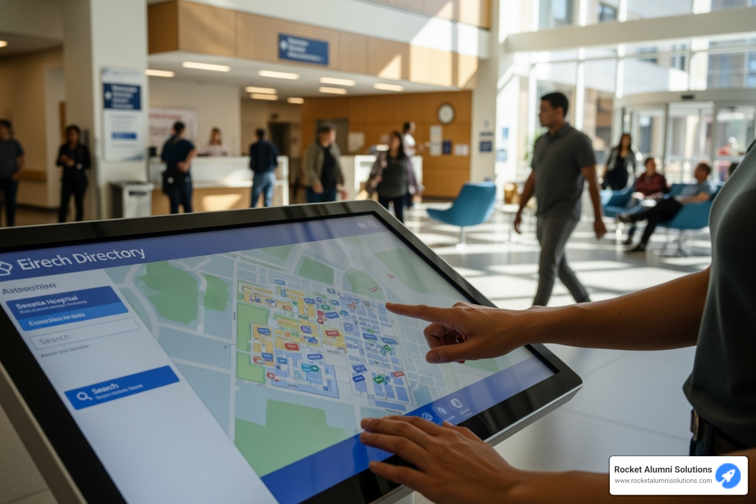 Touchscreen directory being used in a busy hospital lobby - Building Directory Touchscreen Touchscreen directory being used in a busy hospital lobby - Building Directory Touchscreen