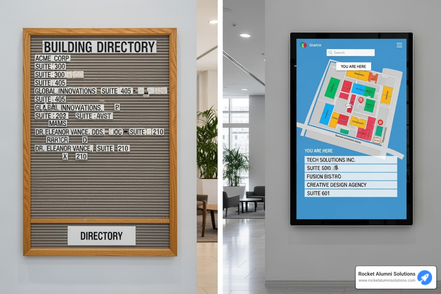 Side-by-side comparison showing an old-fashioned letterboard directory next to a vibrant digital one - Building Directory Touchscreen Side-by-side comparison showing an old-fashioned letterboard directory next to a vibrant digital one - Building Directory Touchscreen