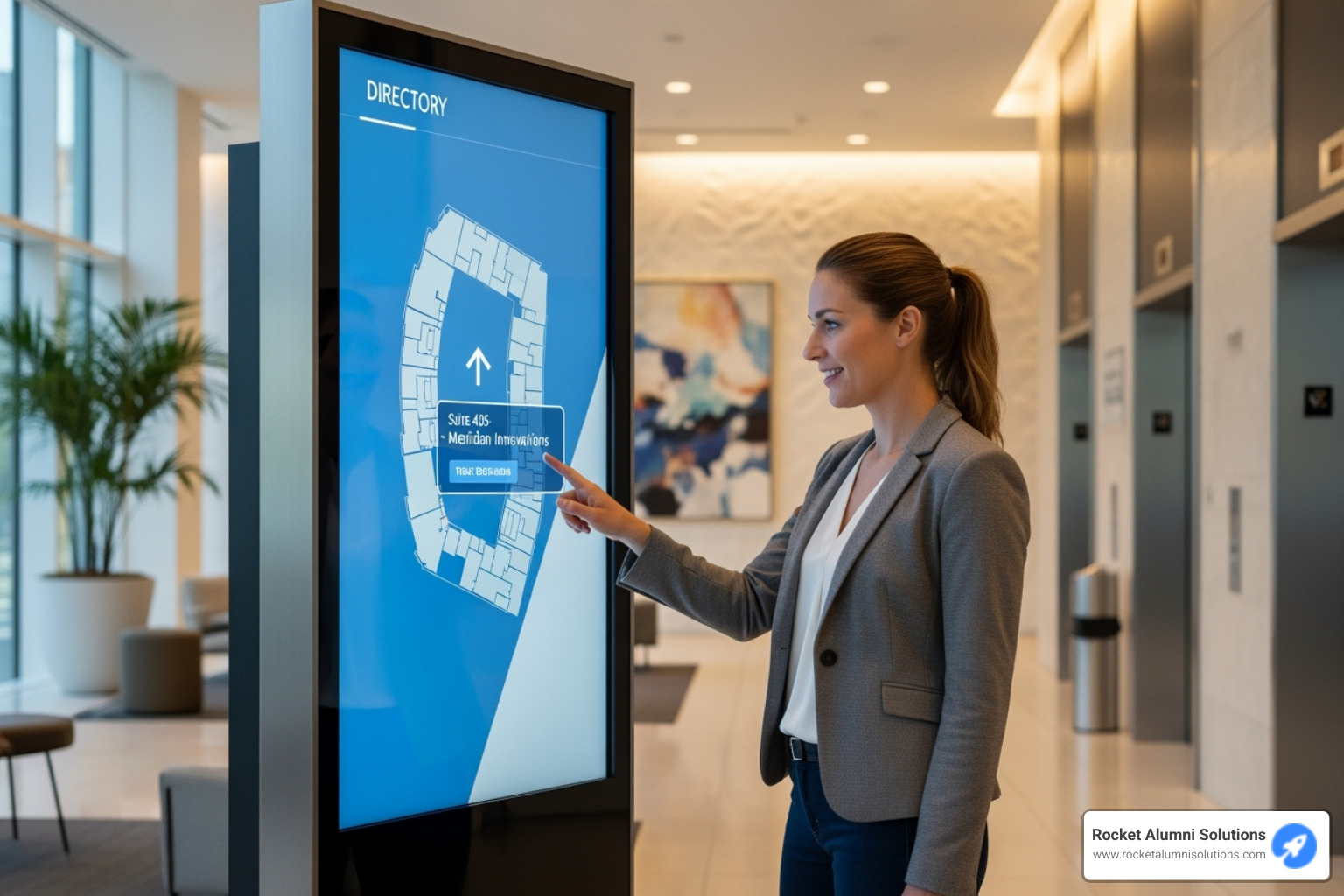 Person easily finding their destination on a touchscreen directory - Building Directory Touchscreen Person easily finding their destination on a touchscreen directory - Building Directory Touchscreen