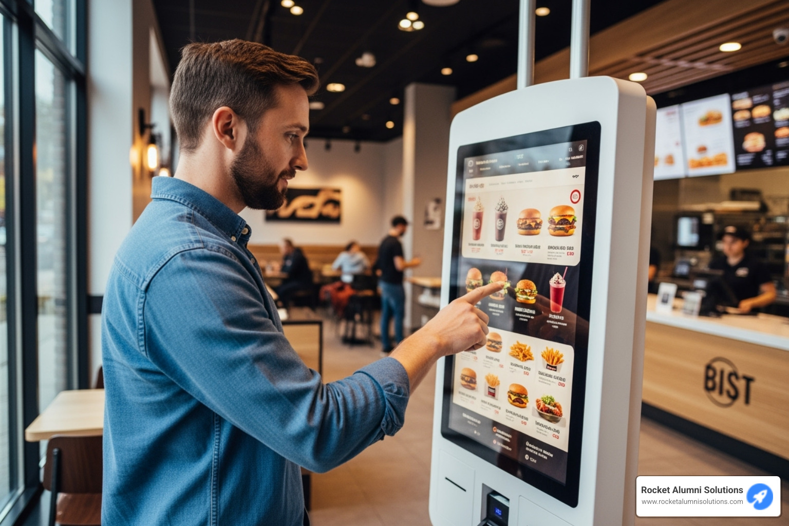customer using a self-service kiosk in a quick-service restaurant - Digital Kiosk Display customer using a self-service kiosk in a quick-service restaurant - Digital Kiosk Display