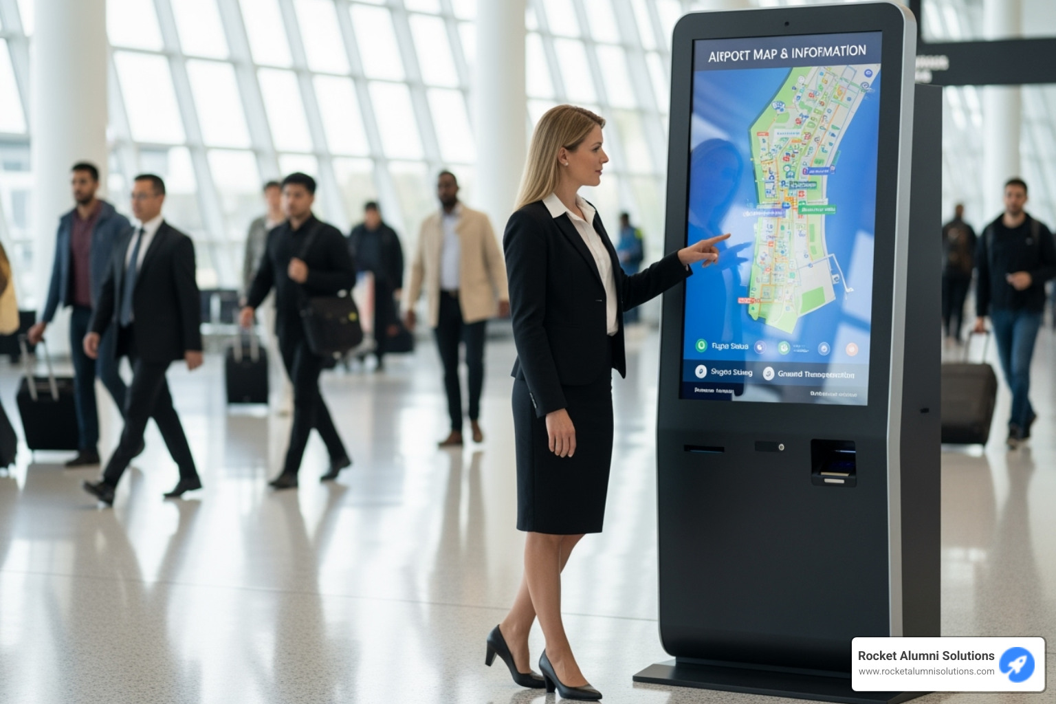 collage showing different types of kiosks: a freestanding hall of fame kiosk, a wall-mounted directory, and a tabletop display - Digital Kiosk Display collage showing different types of kiosks: a freestanding hall of fame kiosk, a wall-mounted directory, and a tabletop display - Digital Kiosk Display