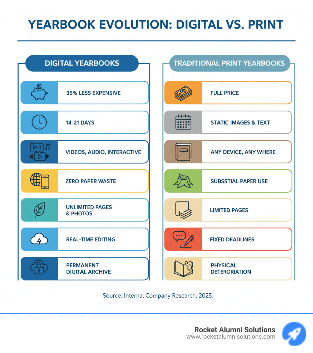 Comprehensive comparison infographic showing online digital yearbooks versus traditional print yearbooks, highlighting key differences in cost savings (35% less expensive), delivery time (14-21 days vs months), multimedia capabilities (videos, audio, interactive elements), accessibility (any device, anywhere), environmental impact (zero paper waste), storage capacity (unlimited pages and photos), collaboration features (real-time editing), and long-term preservation (permanent digital archive vs physical deterioration) - online digital yearbooks infographic Comprehensive comparison infographic showing online digital yearbooks versus traditional print yearbooks, highlighting key differences in cost savings (35% less expensive), delivery time (14-21 days vs months), multimedia capabilities (videos, audio, interactive elements), accessibility (any device, anywhere), environmental impact (zero paper waste), storage capacity (unlimited pages and photos), collaboration features (real-time editing), and long-term preservation (permanent digital archive vs physical deterioration) - online digital yearbooks infographic