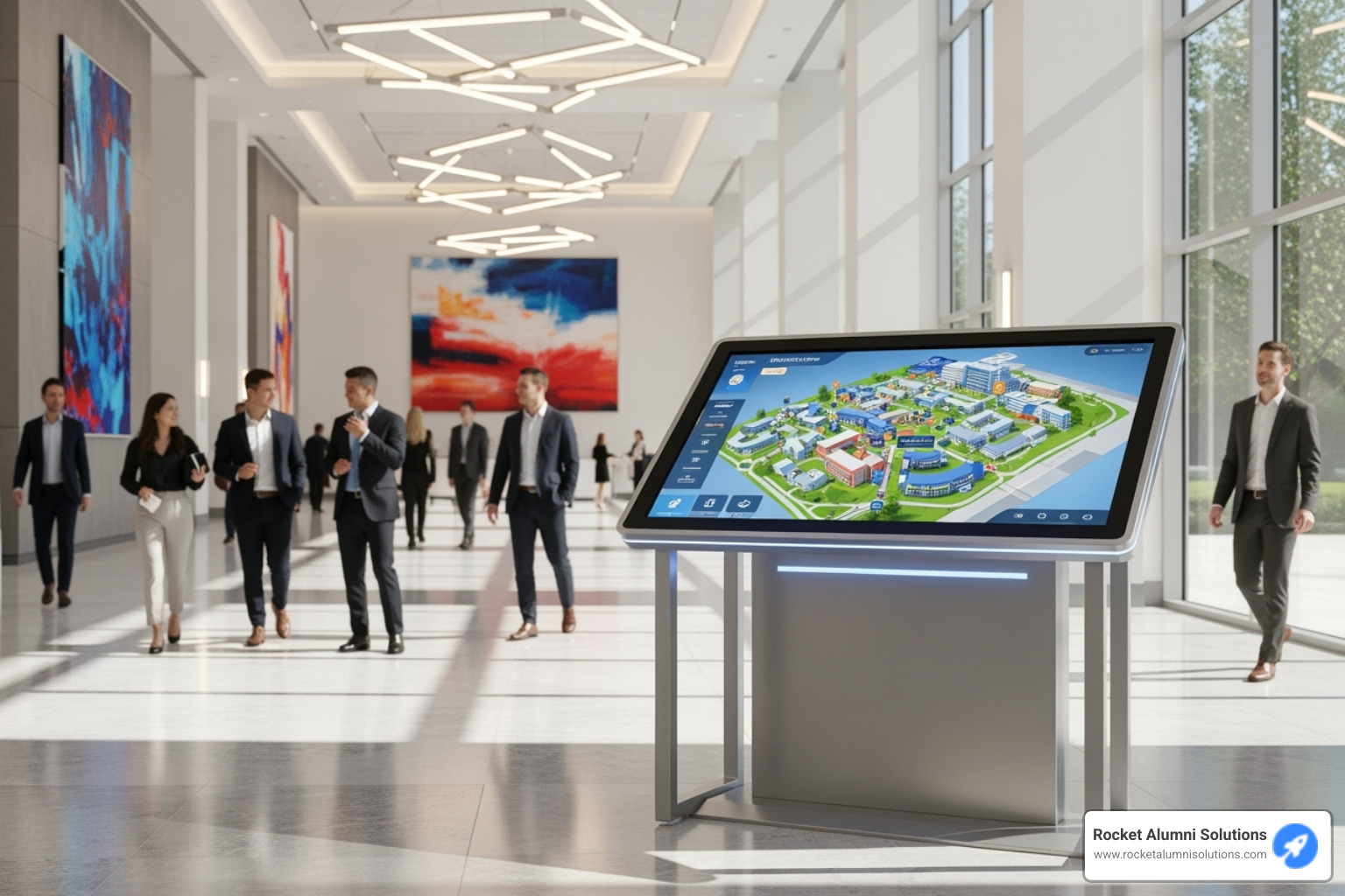 digital kiosk being used for wayfinding on a large corporate campus - digital kiosk display digital kiosk being used for wayfinding on a large corporate campus - digital kiosk display
