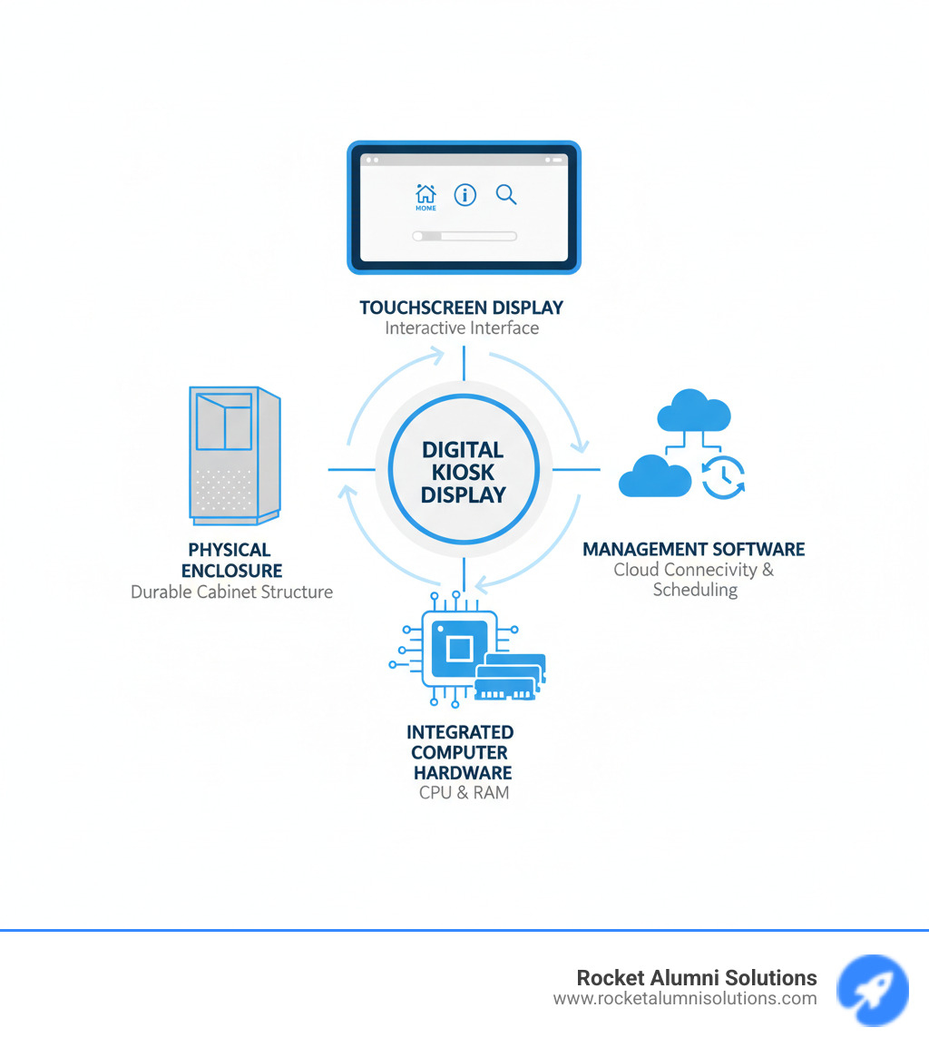 infographic showing four core components of digital kiosk displays: touchscreen display at top showing interactive interface, integrated computer hardware in middle with CPU and RAM icons, physical enclosure on left showing durable cabinet structure, and management software on right with cloud connectivity and scheduling icons - digital kiosk display infographic infographic showing four core components of digital kiosk displays: touchscreen display at top showing interactive interface, integrated computer hardware in middle with CPU and RAM icons, physical enclosure on left showing durable cabinet structure, and management software on right with cloud connectivity and scheduling icons - digital kiosk display infographic