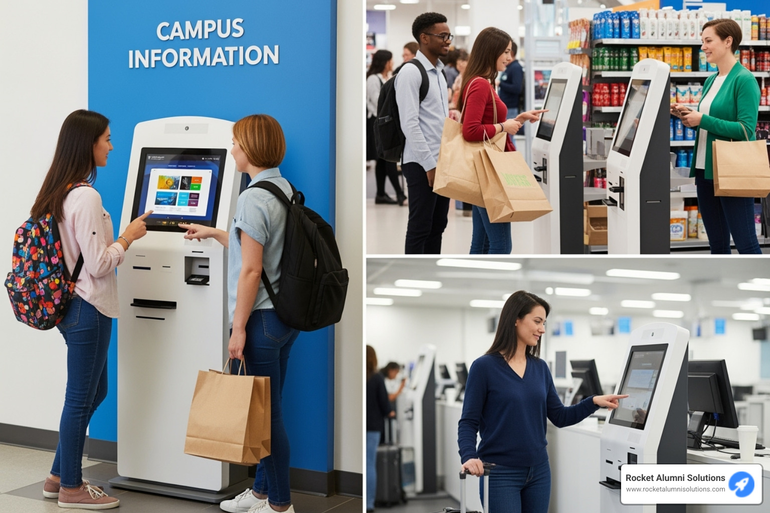 diverse group of people (students, shoppers, travelers) using different types of kiosks - digital kiosk display diverse group of people (students, shoppers, travelers) using different types of kiosks - digital kiosk display