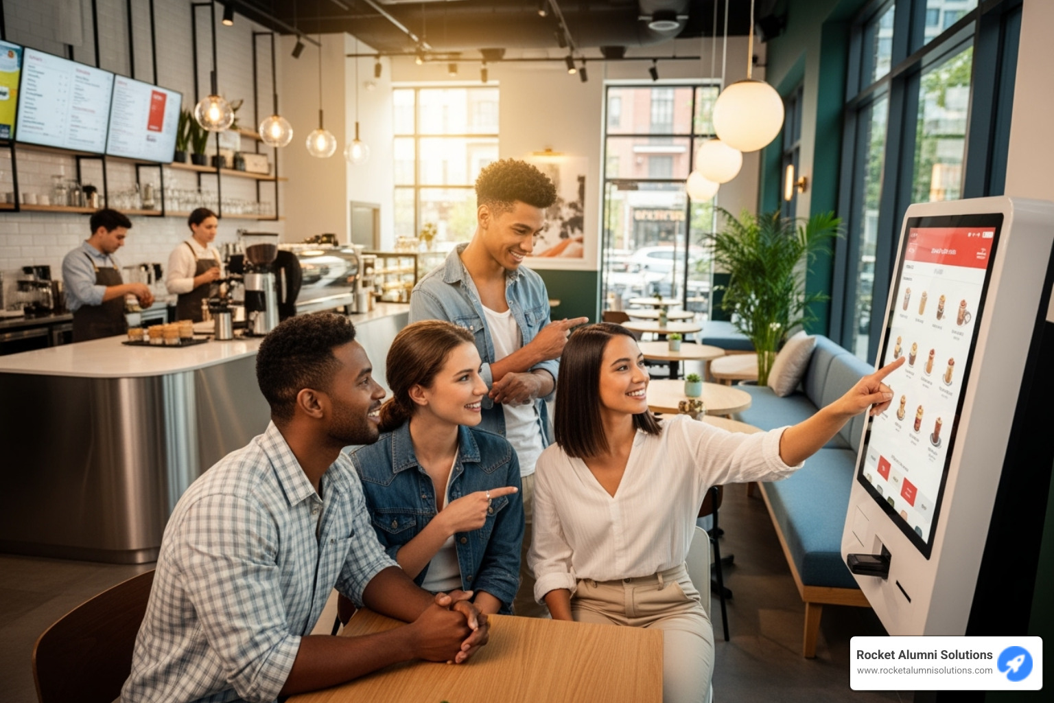 customers happily interacting with a self-ordering kiosk in a cafe - digital kiosk display customers happily interacting with a self-ordering kiosk in a cafe - digital kiosk display
