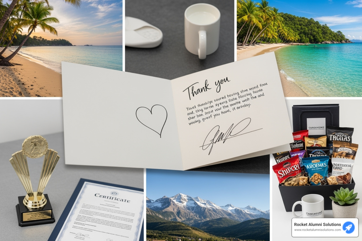 A collage showing different types of rewards, from a simple thank-you card to a travel photo - Recognition program ideas A collage showing different types of rewards, from a simple thank-you card to a travel photo - Recognition program ideas
