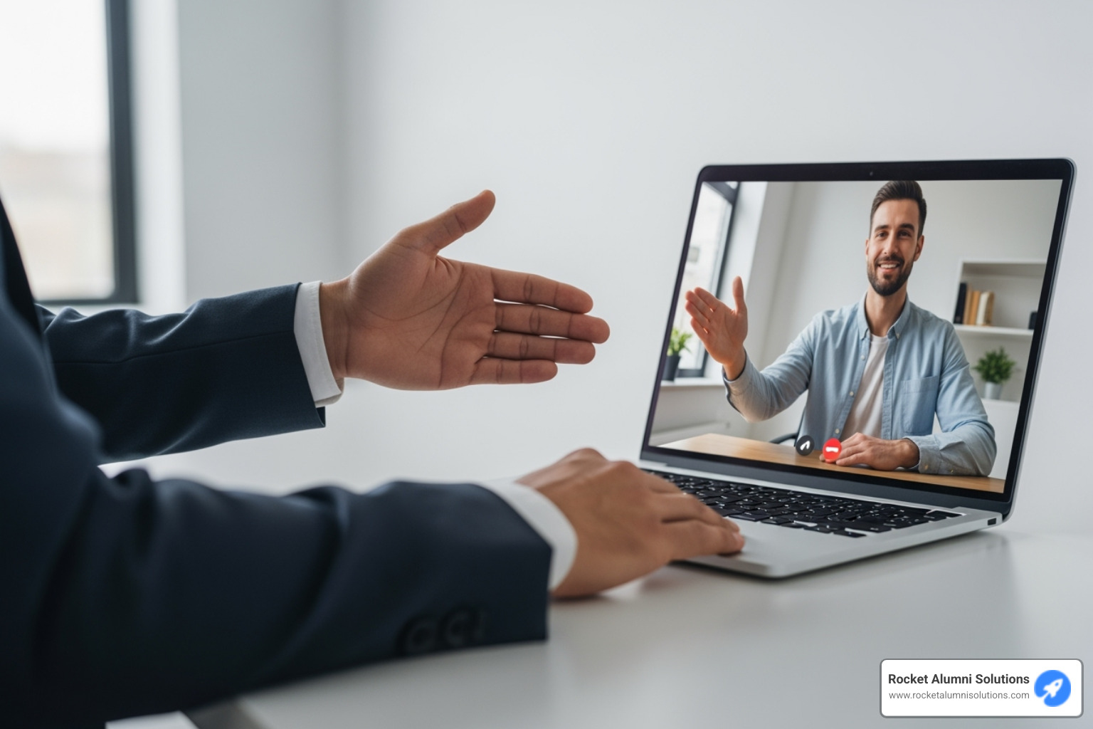 A manager giving a 'high five' to a remote employee through a video call screen - Recognition program ideas A manager giving a 'high five' to a remote employee through a video call screen - Recognition program ideas