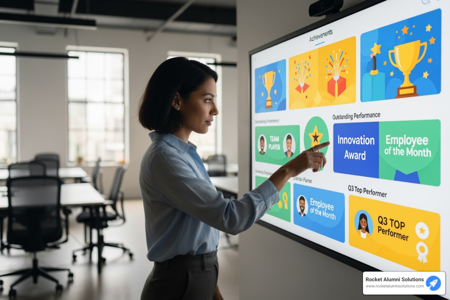 A person interacting with a large touchscreen display showcasing employee achievements - Recognition program ideas A person interacting with a large touchscreen display showcasing employee achievements - Recognition program ideas
