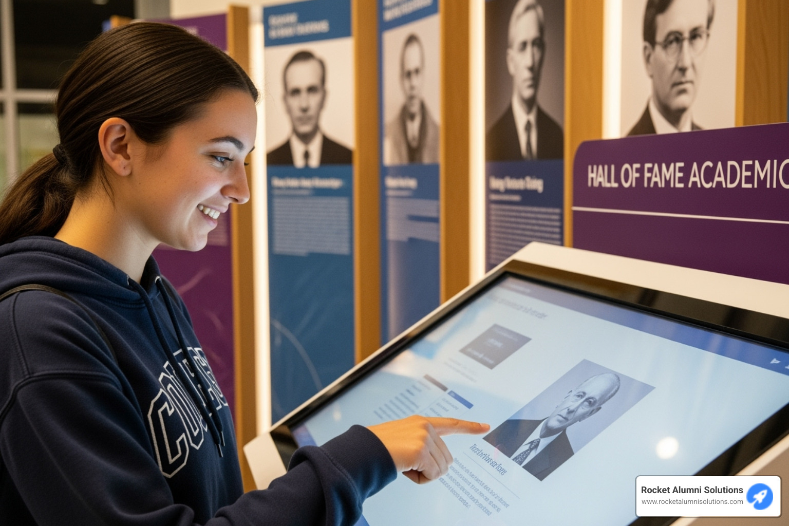 A student interacting with a Hall of Fame Academics Touchscreen, smiling - Hall of Fame Academics Touchscreen A student interacting with a Hall of Fame Academics Touchscreen, smiling - Hall of Fame Academics Touchscreen