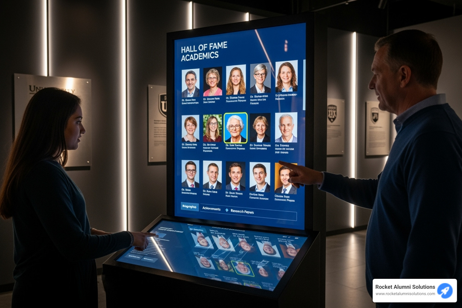 Touchscreen display showing a school's custom branding, colors, and logo - Hall of Fame Academics Touchscreen Touchscreen display showing a school's custom branding, colors, and logo - Hall of Fame Academics Touchscreen