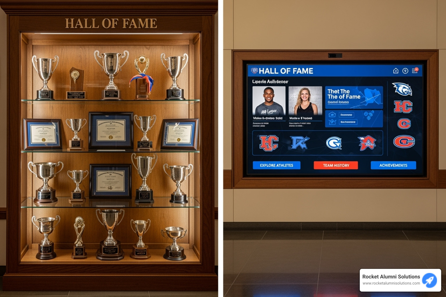 comparing a static trophy case to a dynamic touchscreen display - College Athletics Hall of Fame comparing a static trophy case to a dynamic touchscreen display - College Athletics Hall of Fame