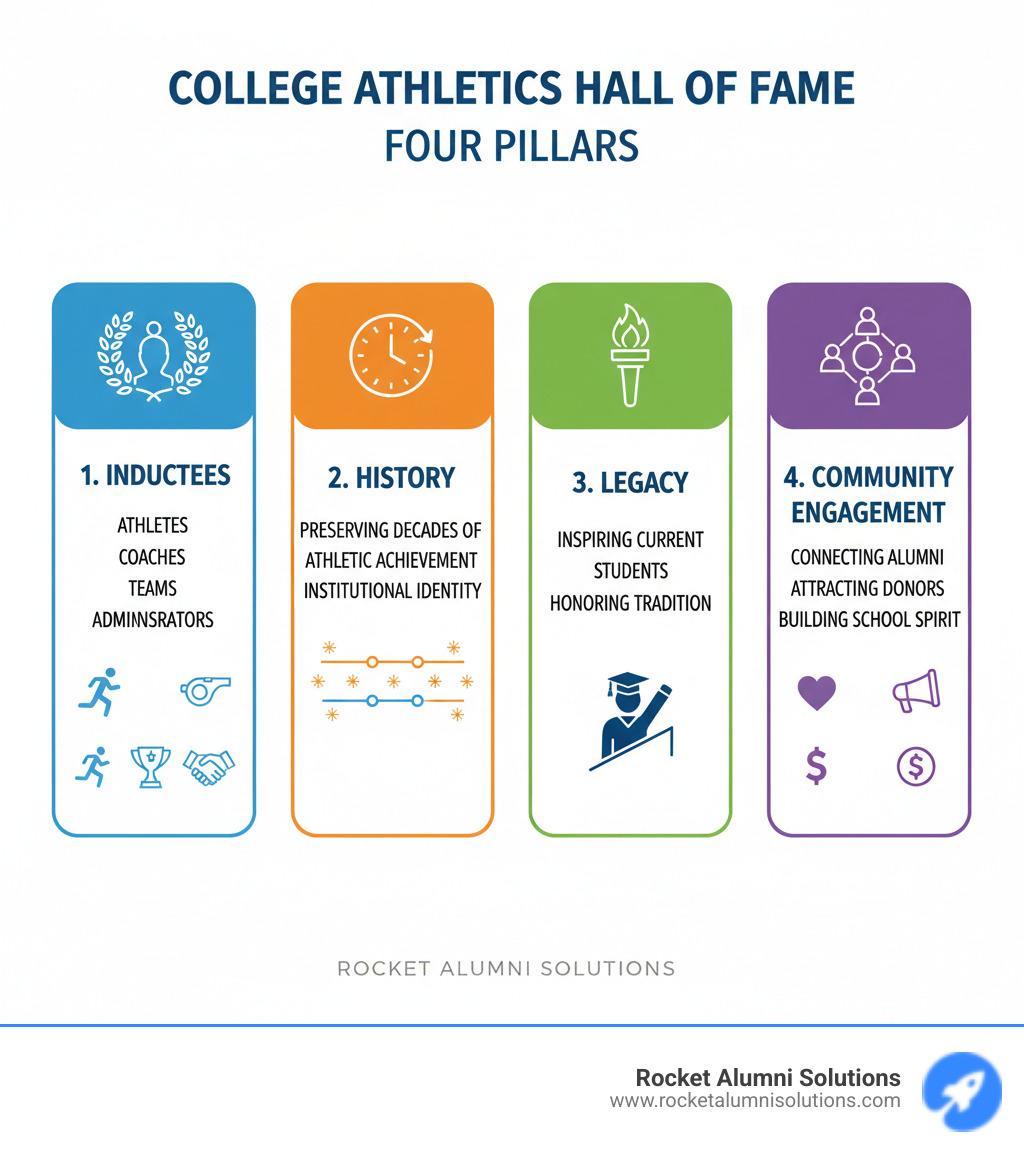 Infographic showing the four pillars of a College Athletics Hall of Fame: 1) Inductees (athletes, coaches, teams, administrators), 2) History (preserving decades of athletic achievement and institutional identity), 3) Legacy (inspiring current students and honoring tradition), and 4) Community Engagement (connecting alumni, attracting donors, and building school spirit through recognition) - College Athletics Hall of Fame infographic Infographic showing the four pillars of a College Athletics Hall of Fame: 1) Inductees (athletes, coaches, teams, administrators), 2) History (preserving decades of athletic achievement and institutional identity), 3) Legacy (inspiring current students and honoring tradition), and 4) Community Engagement (connecting alumni, attracting donors, and building school spirit through recognition) - College Athletics Hall of Fame infographic