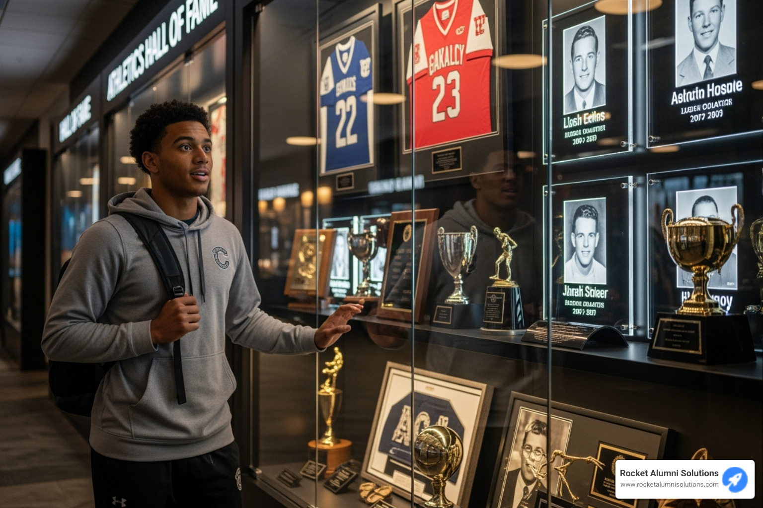 a current student-athlete looking at a hall of fame display - College Athletics Hall of Fame a current student-athlete looking at a hall of fame display - College Athletics Hall of Fame