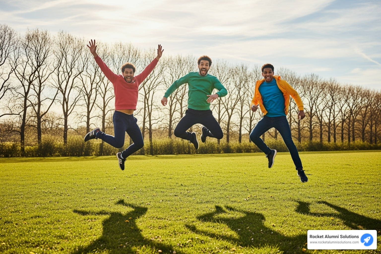 photo of three men jumping on ground near bare trees during daytime - College life memories photo of three men jumping on ground near bare trees during daytime - College life memories