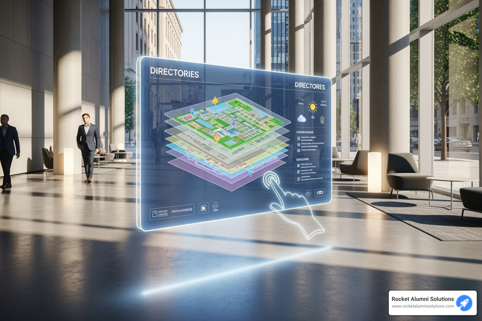 Futuristic touchless directory interface with gesture controls - Building Directory Touchscreen Display Futuristic touchless directory interface with gesture controls - Building Directory Touchscreen Display