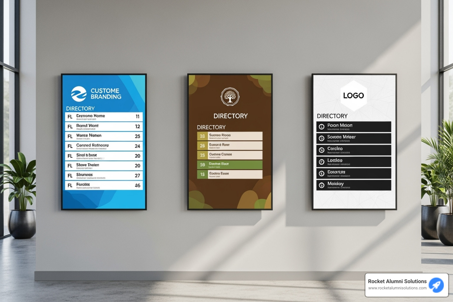 Three different custom branding designs on a directory screen - Building Directory Touchscreen Display Three different custom branding designs on a directory screen - Building Directory Touchscreen Display