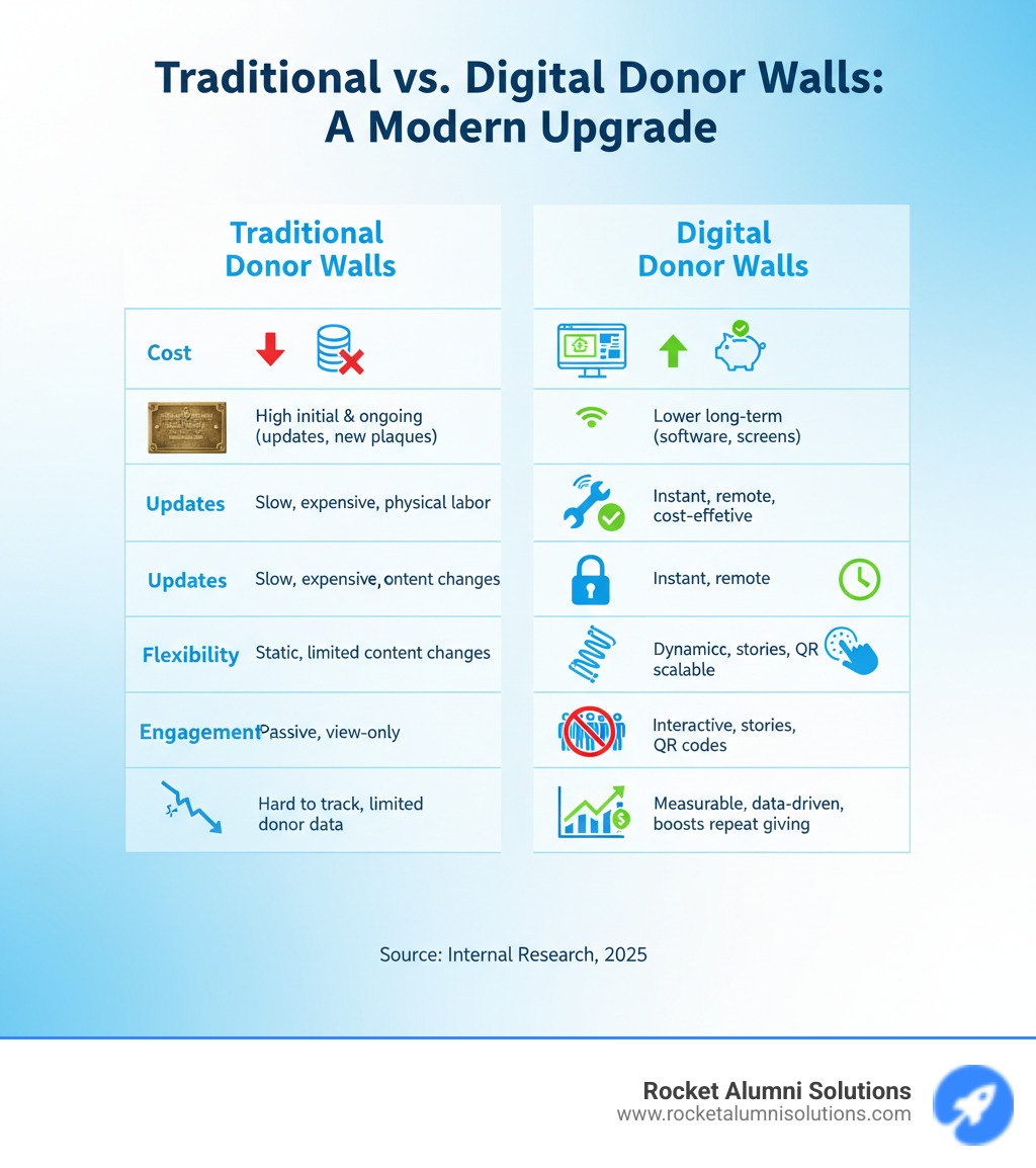 Table comparing Traditional and Digital Donor Walls on factors like Cost, Updates, Flexibility, Engagement, and ROI - Digital donor wall infographic Table comparing Traditional and Digital Donor Walls on factors like Cost, Updates, Flexibility, Engagement, and ROI - Digital donor wall infographic