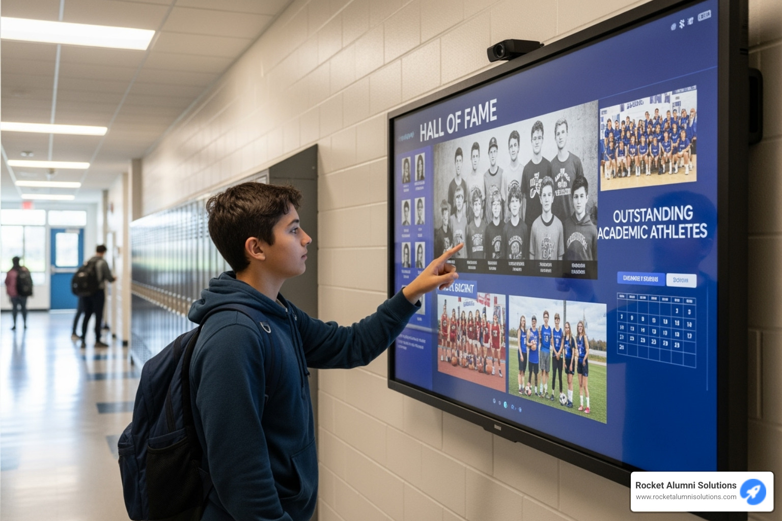 Student interacting with a digital touchscreen hall of fame - Athletic Achievement Recognition Board Student interacting with a digital touchscreen hall of fame - Athletic Achievement Recognition Board