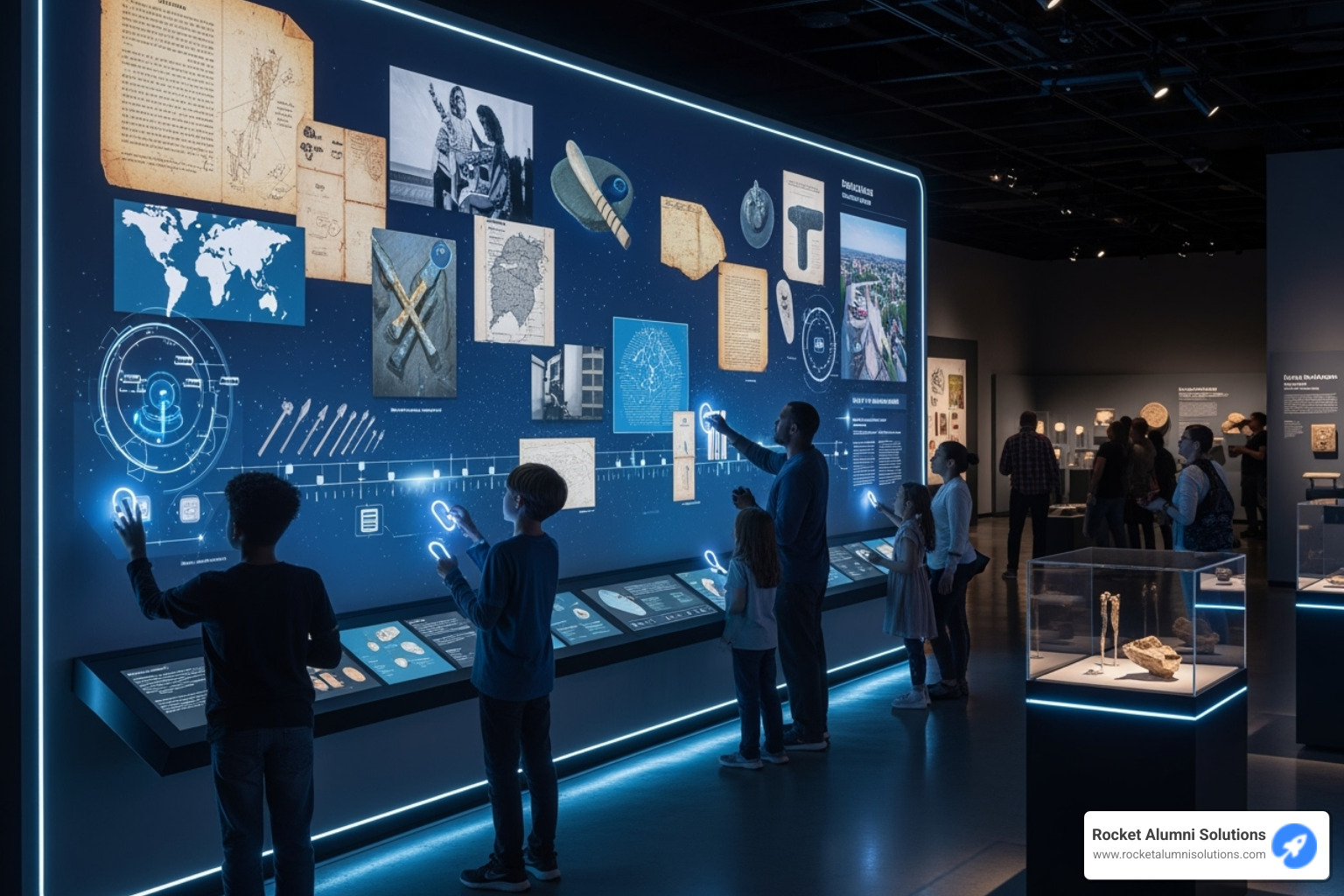 Futuristic museum exhibit with an interactive touchscreen wall - digital historical archives Futuristic museum exhibit with an interactive touchscreen wall - digital historical archives