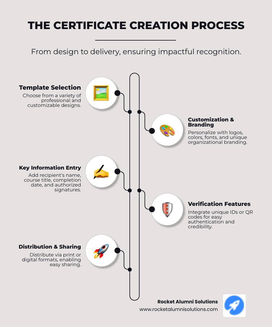 Infographic showing the complete certificate creation process from template selection through customization, including key elements like recipient name, course details, date, signature, and verification features, plus distribution options for both print and digital formats - certificate of completion infographic infographic-line-5-steps-neat_beige Infographic showing the complete certificate creation process from template selection through customization, including key elements like recipient name, course details, date, signature, and verification features, plus distribution options for both print and digital formats - certificate of completion infographic infographic-line-5-steps-neat_beige