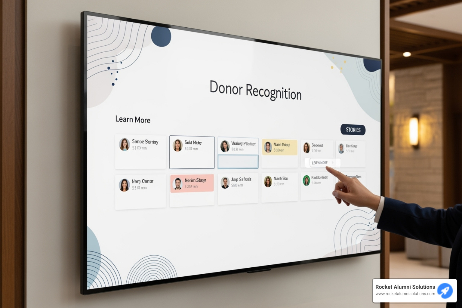 comparing a static, crowded plaque wall with a clean, interactive digital display - Donor Recognition Display Touchscreen comparing a static, crowded plaque wall with a clean, interactive digital display - Donor Recognition Display Touchscreen