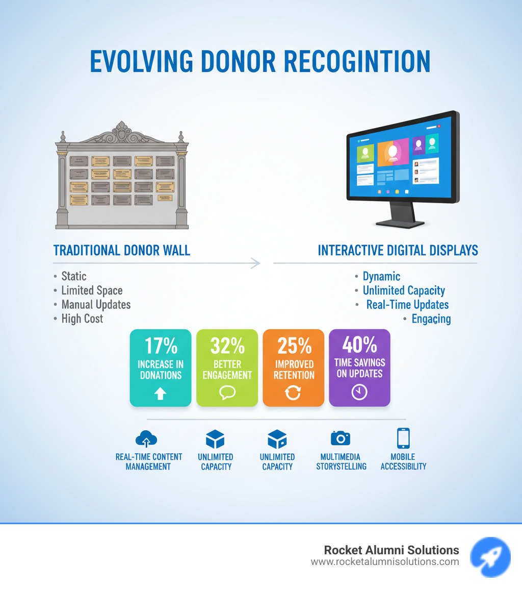 infographic showing the transformation from traditional donor walls to interactive digital displays, including key statistics: 17% increase in donations, 32% better engagement, 25% improved retention, 40% time savings on updates, and features like real-time content management, unlimited capacity, multimedia storytelling, and mobile accessibility - Donor Recognition Display Touchscreen infographic infographic showing the transformation from traditional donor walls to interactive digital displays, including key statistics: 17% increase in donations, 32% better engagement, 25% improved retention, 40% time savings on updates, and features like real-time content management, unlimited capacity, multimedia storytelling, and mobile accessibility - Donor Recognition Display Touchscreen infographic