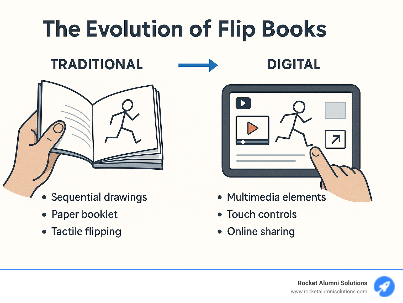 Infographic showing the evolution of flip books from traditional paper booklets with sequential drawings to modern digital interactive experiences with multimedia elements, touch controls, and online sharing capabilities - animated flip book infographic Infographic showing the evolution of flip books from traditional paper booklets with sequential drawings to modern digital interactive experiences with multimedia elements, touch controls, and online sharing capabilities - animated flip book infographic