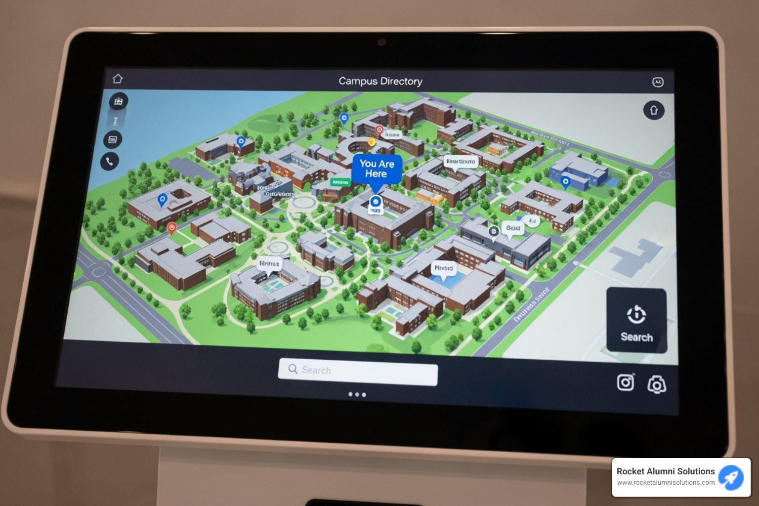 A sleek, modern touchscreen campus directory kiosk displaying an interactive 3D map of a university campus. The map shows various buildings, pathways, and green spaces, with clear labels for academic departments, student services, and event venues. A "You Are Here" marker is prominently displayed, and a search bar allows users to input destinations. - Touchscreen Campus Directory A sleek, modern touchscreen campus directory kiosk displaying an interactive 3D map of a university campus. The map shows various buildings, pathways, and green spaces, with clear labels for academic departments, student services, and event venues. A "You Are Here" marker is prominently displayed, and a search bar allows users to input destinations. - Touchscreen Campus Directory