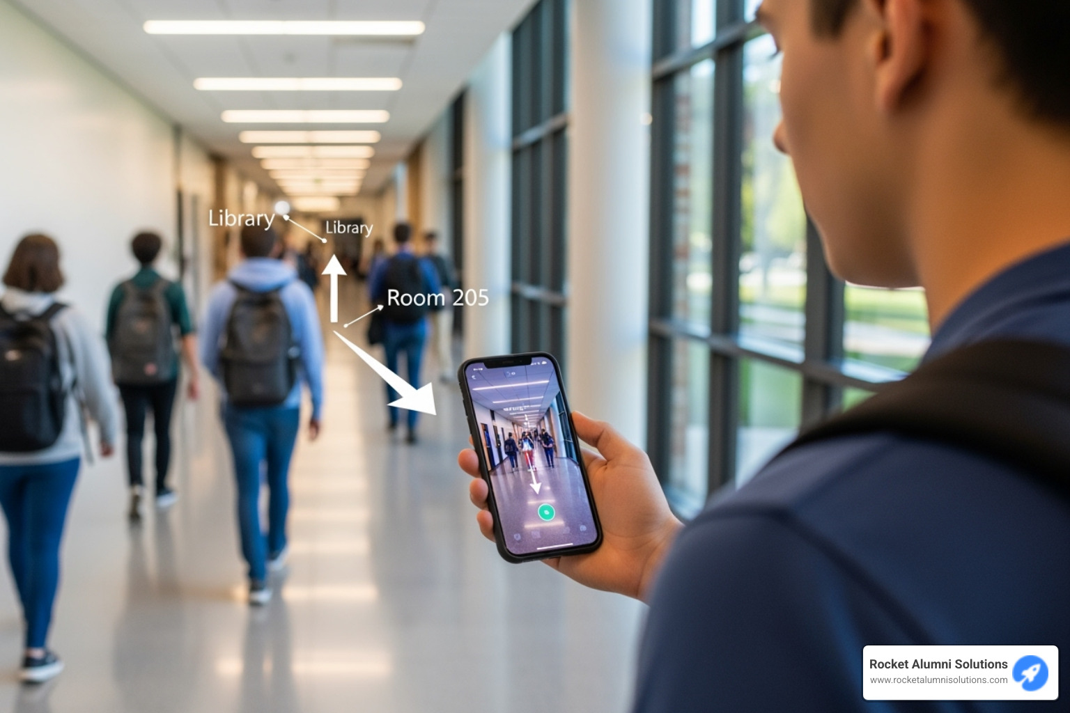 A concept image showing a student using a smartphone with an Augmented Reality (AR) overlay. The phone's camera view shows a real-world campus hallway, but digital arrows and labels are overlaid onto the view, pointing the student towards their destination. - Touchscreen Campus Directory A concept image showing a student using a smartphone with an Augmented Reality (AR) overlay. The phone's camera view shows a real-world campus hallway, but digital arrows and labels are overlaid onto the view, pointing the student towards their destination. - Touchscreen Campus Directory