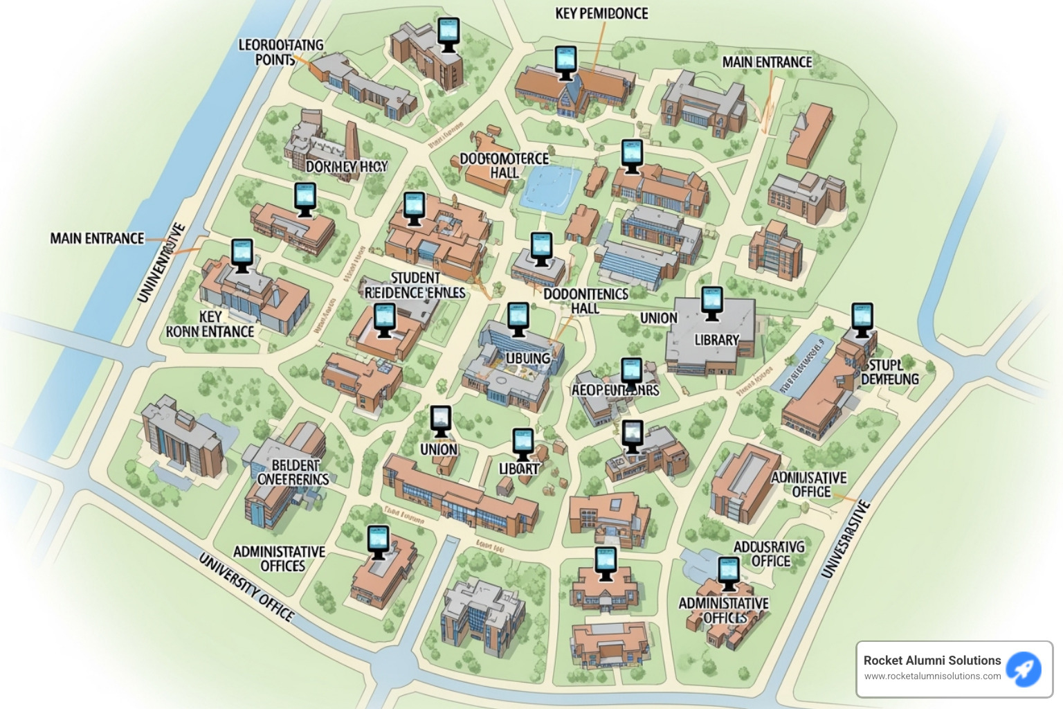 A campus map highlighting optimal kiosk placement locations like main entrances, dorm lobbies, libraries, student centers, and administrative buildings. Each location is marked with an icon representing a touchscreen kiosk. - Touchscreen Campus Directory A campus map highlighting optimal kiosk placement locations like main entrances, dorm lobbies, libraries, student centers, and administrative buildings. Each location is marked with an icon representing a touchscreen kiosk. - Touchscreen Campus Directory