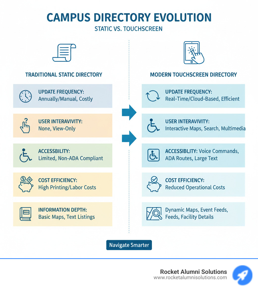 infographic showing comparison between traditional static directories and modern touchscreen campus directories, highlighting differences in update frequency, user interactivity, accessibility features, cost efficiency, and information depth - Touchscreen Campus Directory infographic infographic showing comparison between traditional static directories and modern touchscreen campus directories, highlighting differences in update frequency, user interactivity, accessibility features, cost efficiency, and information depth - Touchscreen Campus Directory infographic