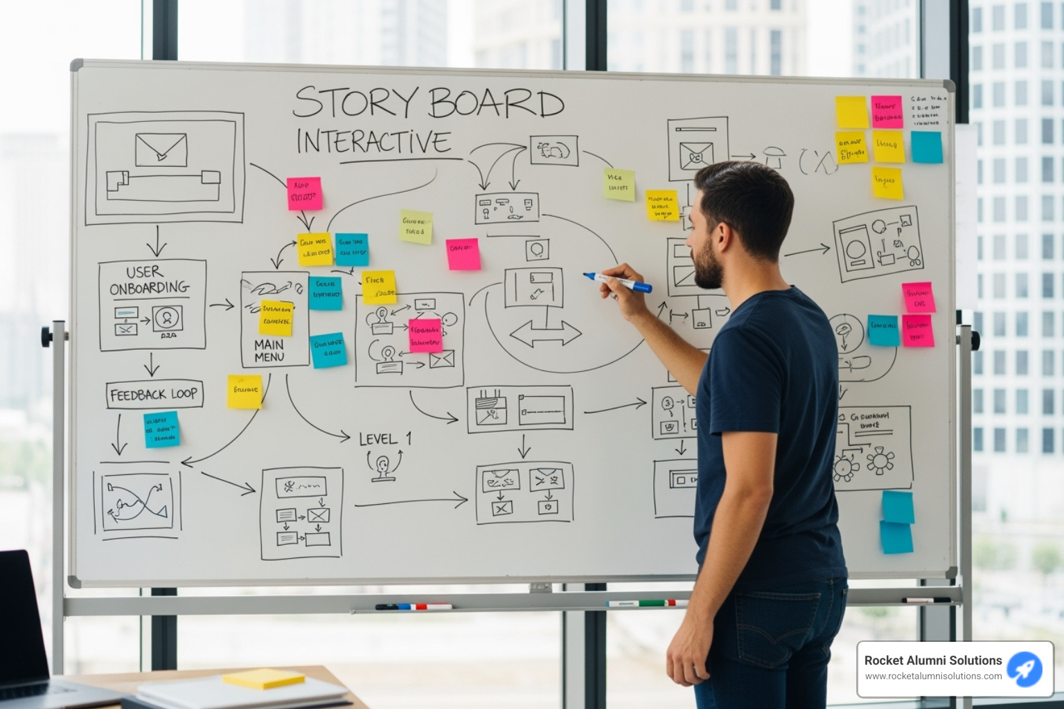 Person storyboarding an interactive project on a whiteboard, surrounded by sticky notes with ideas and flowcharts - Interactive media content Person storyboarding an interactive project on a whiteboard, surrounded by sticky notes with ideas and flowcharts - Interactive media content