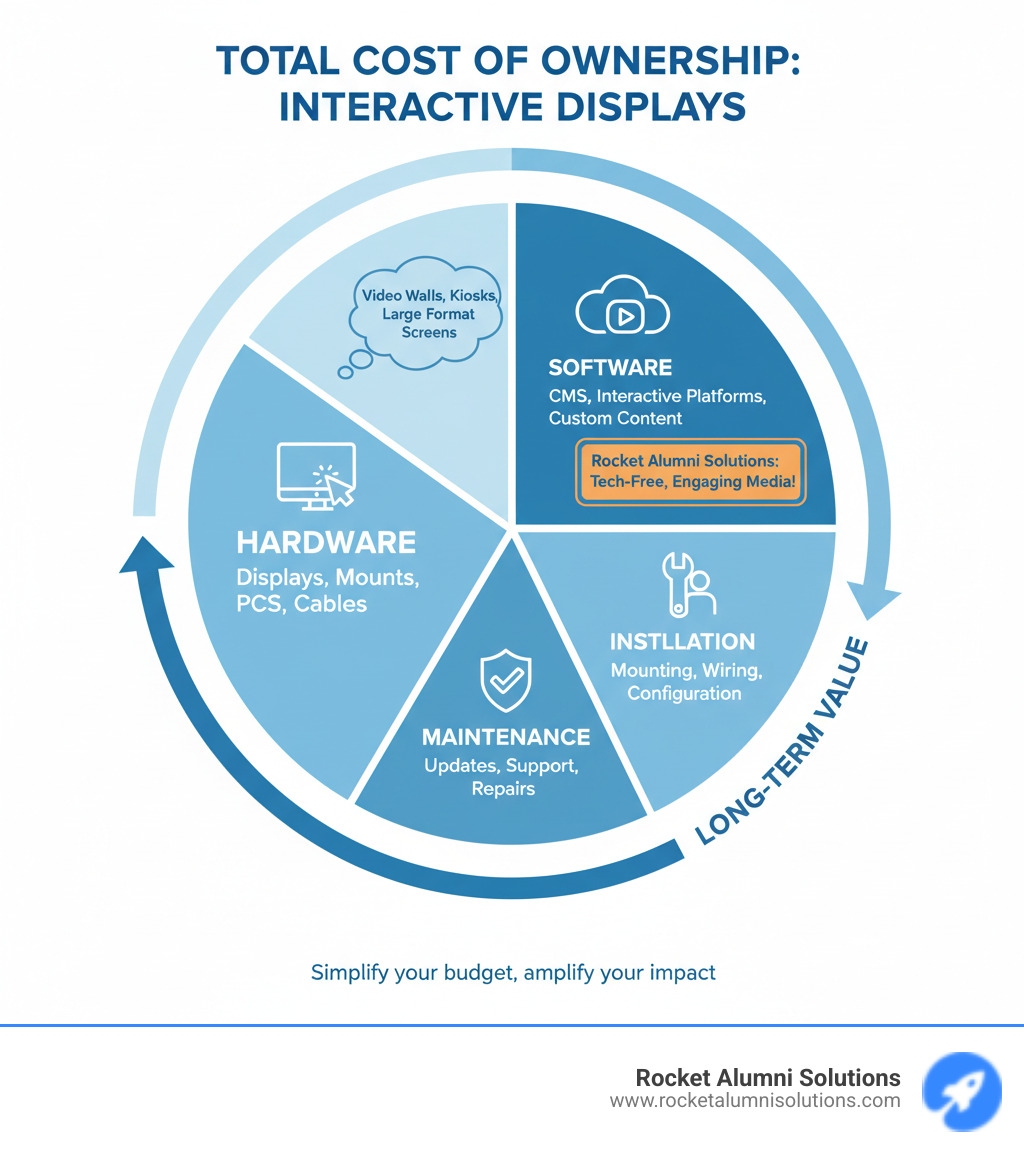 Cost components of an interactive display, including hardware, software, installation, and maintenance - Interactive Media Display infographic 