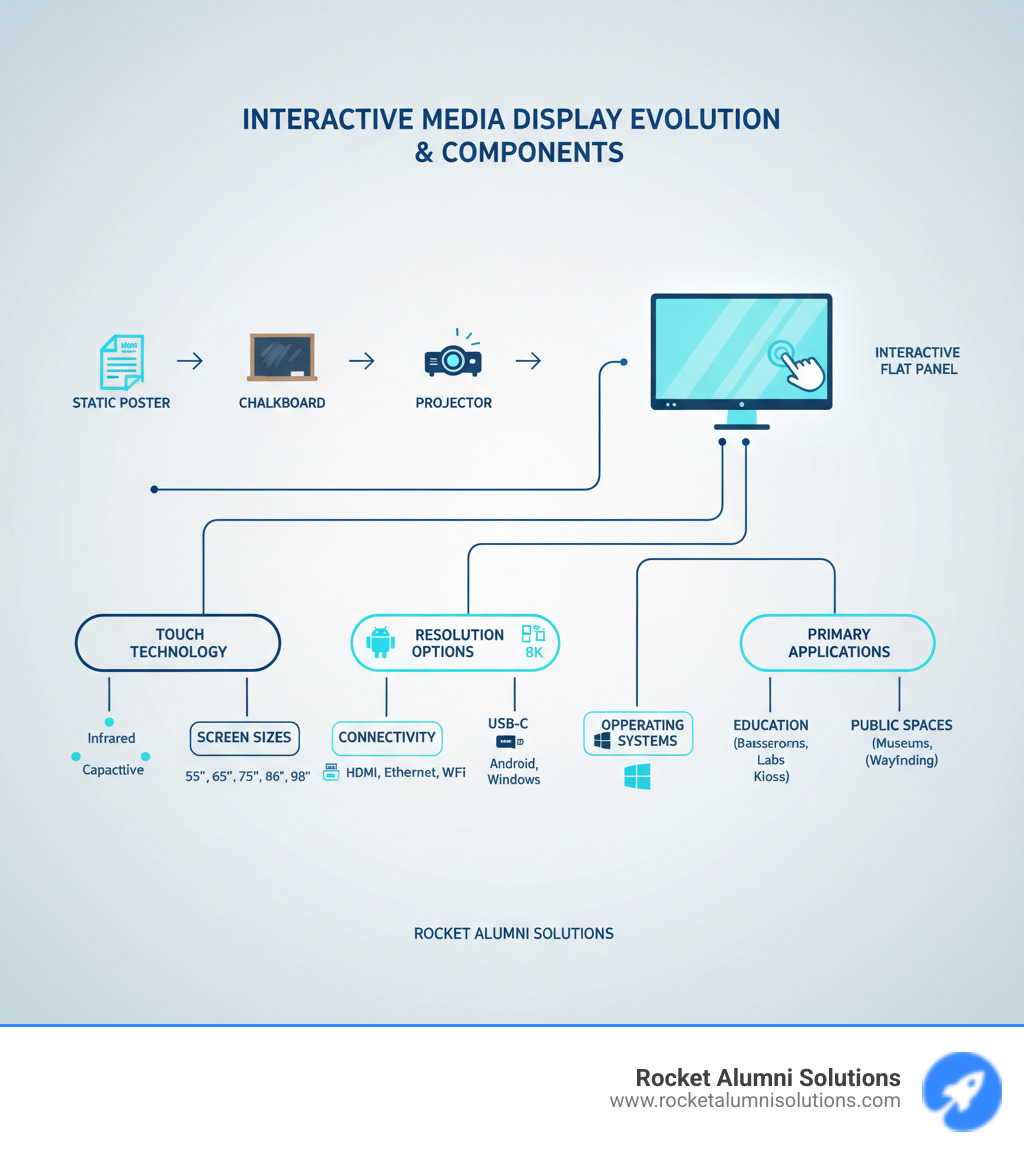 Interactive Media Display Evolution and Key Components - infographic showing the progression from static posters to chalkboards to projectors to interactive flat panels, with branches showing key features like touch technology types, screen sizes, resolution options, connectivity ports, operating systems, and primary applications in education, business, and public spaces - Interactive Media Display infographic 