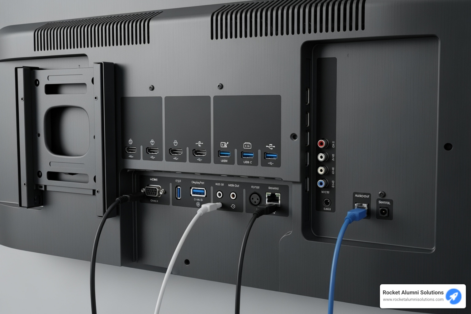 the back of an interactive display highlighting various ports like HDMI, USB-C, and Ethernet - Interactive Media Display
