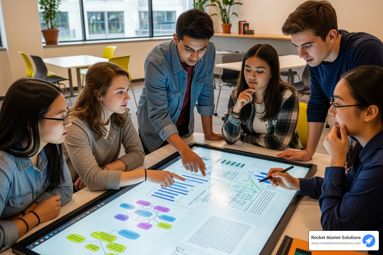 a group of students collaborating on a project using an interactive display - Interactive Media Display