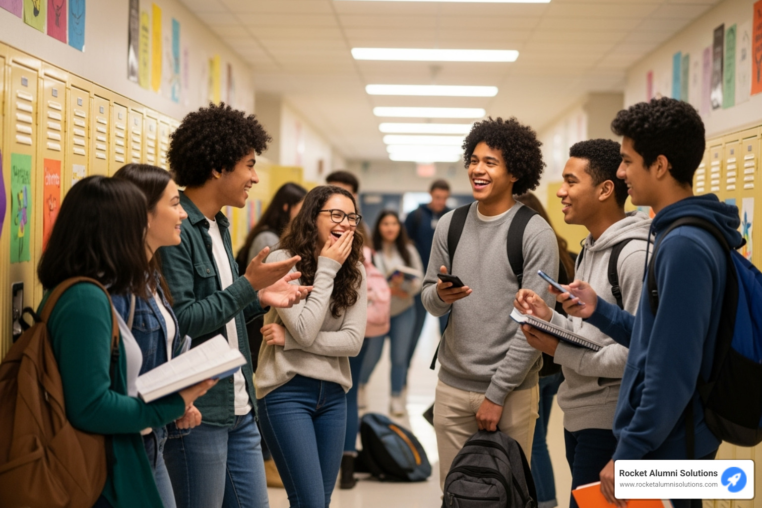 Students laughing and talking in a busy school hallway - Yearbook memories ideas Students laughing and talking in a busy school hallway - Yearbook memories ideas