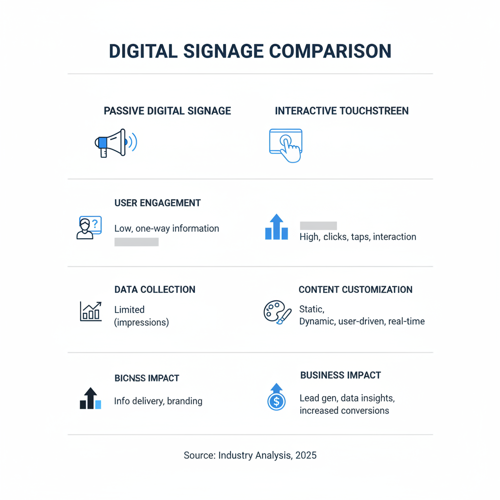 infographic comparing passive digital signage versus interactive touchscreen software showing user engagement levels, data collection capabilities, content customization options, and business impact metrics - Interactive Touchscreen Software infographic infographic comparing passive digital signage versus interactive touchscreen software showing user engagement levels, data collection capabilities, content customization options, and business impact metrics - Interactive Touchscreen Software infographic