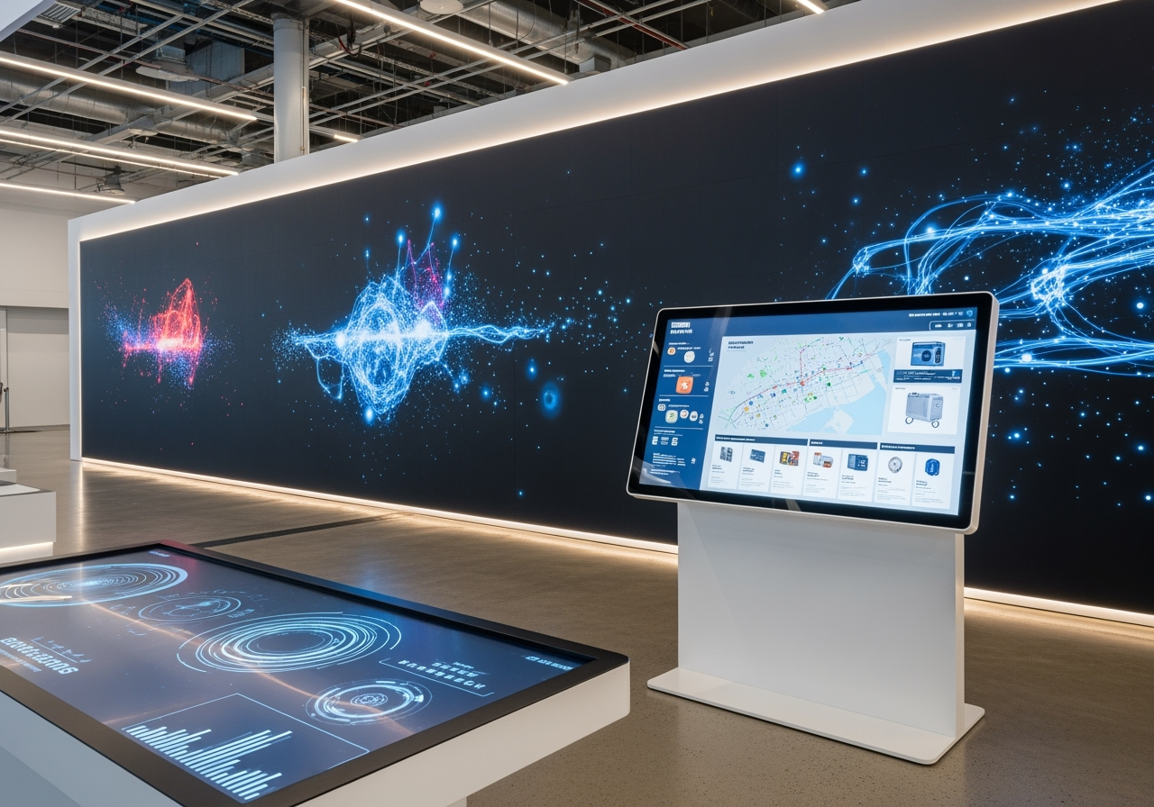 different hardware types: a large video wall, a standalone kiosk, and a touch table - Interactive Touchscreen Software different hardware types: a large video wall, a standalone kiosk, and a touch table - Interactive Touchscreen Software