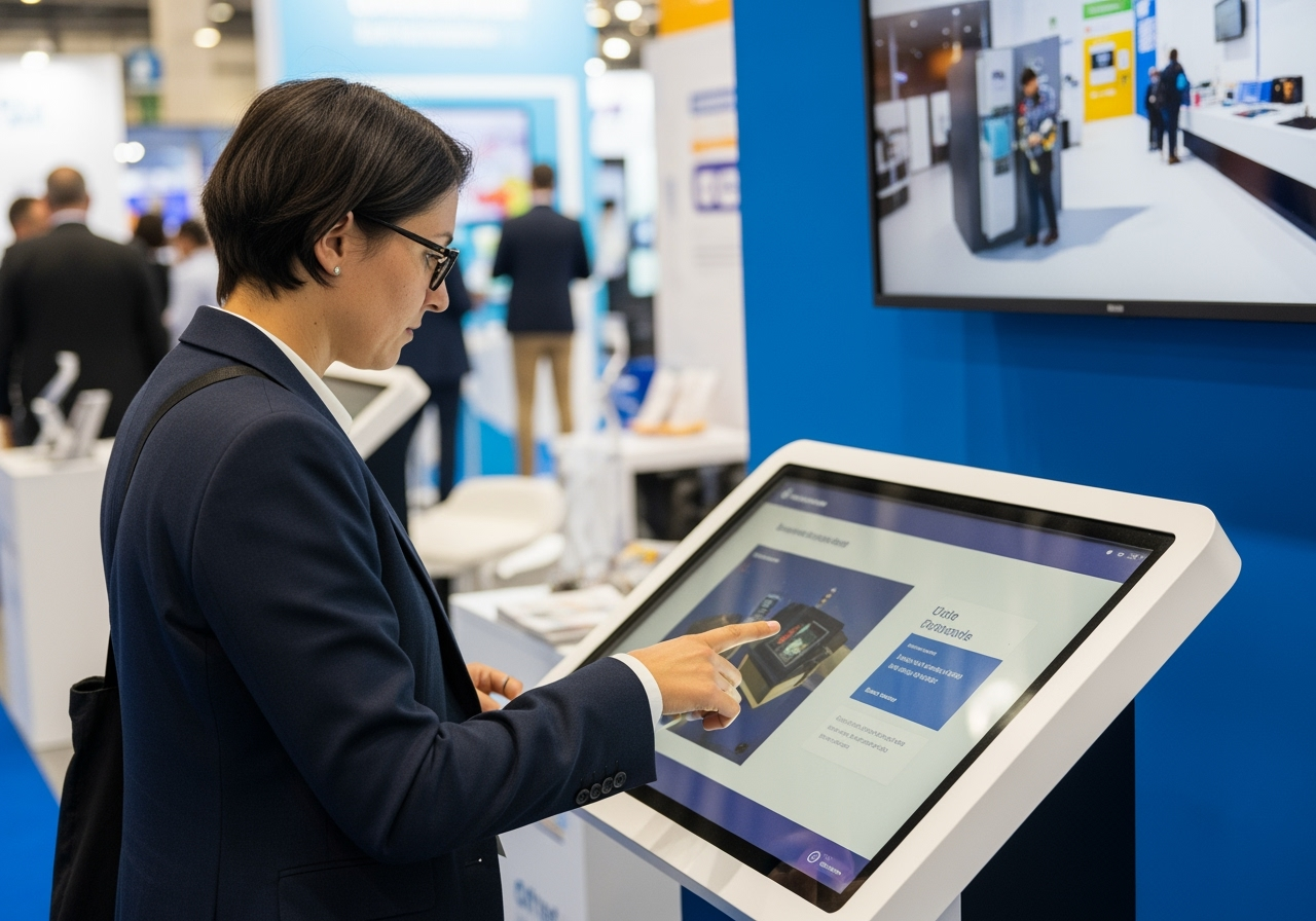 user interacting with a touchscreen kiosk at a trade show - Interactive Touchscreen Software user interacting with a touchscreen kiosk at a trade show - Interactive Touchscreen Software