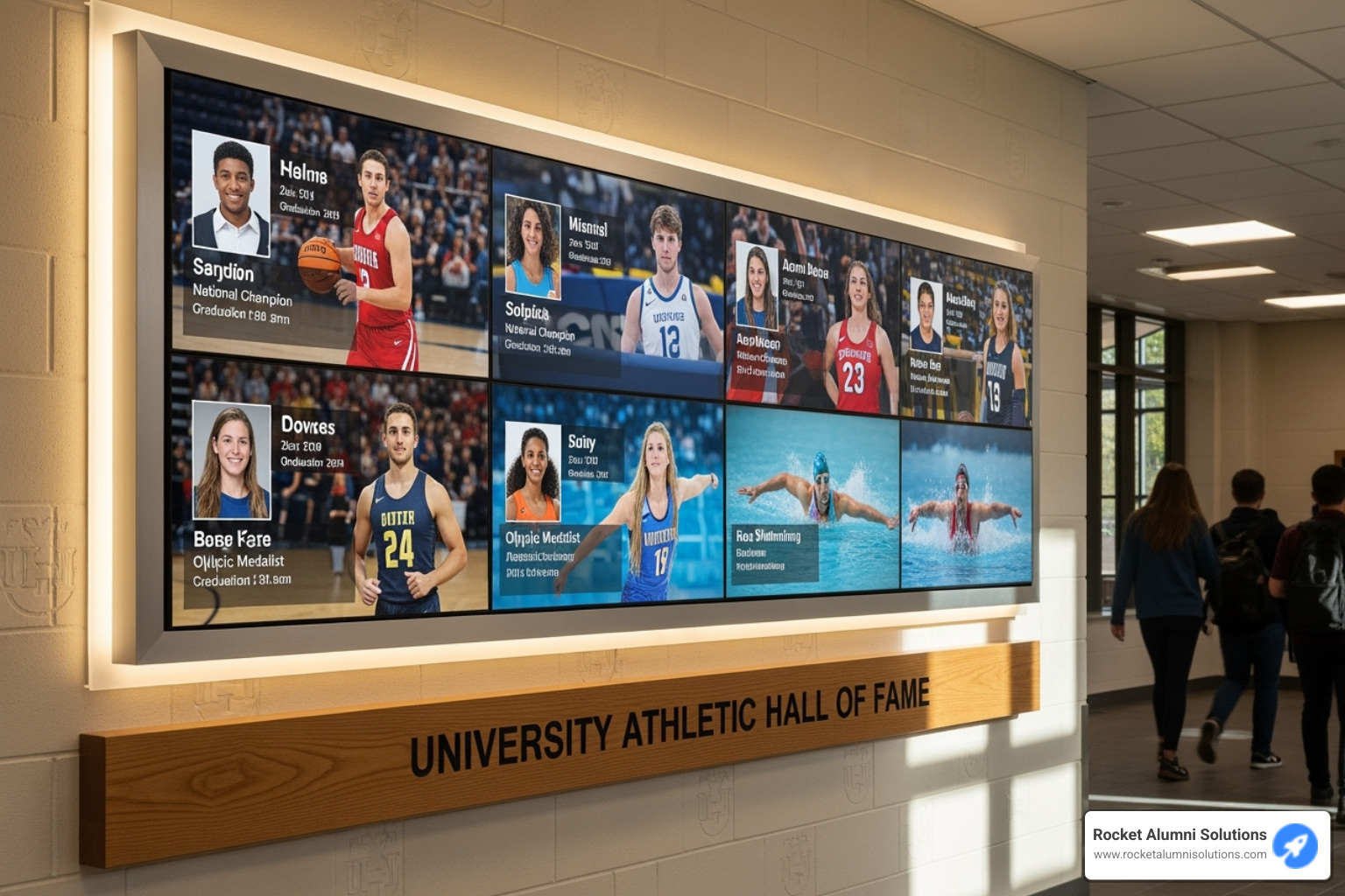 Image of a digital athletic hall of fame display in a university hallway - Digital interactive signage