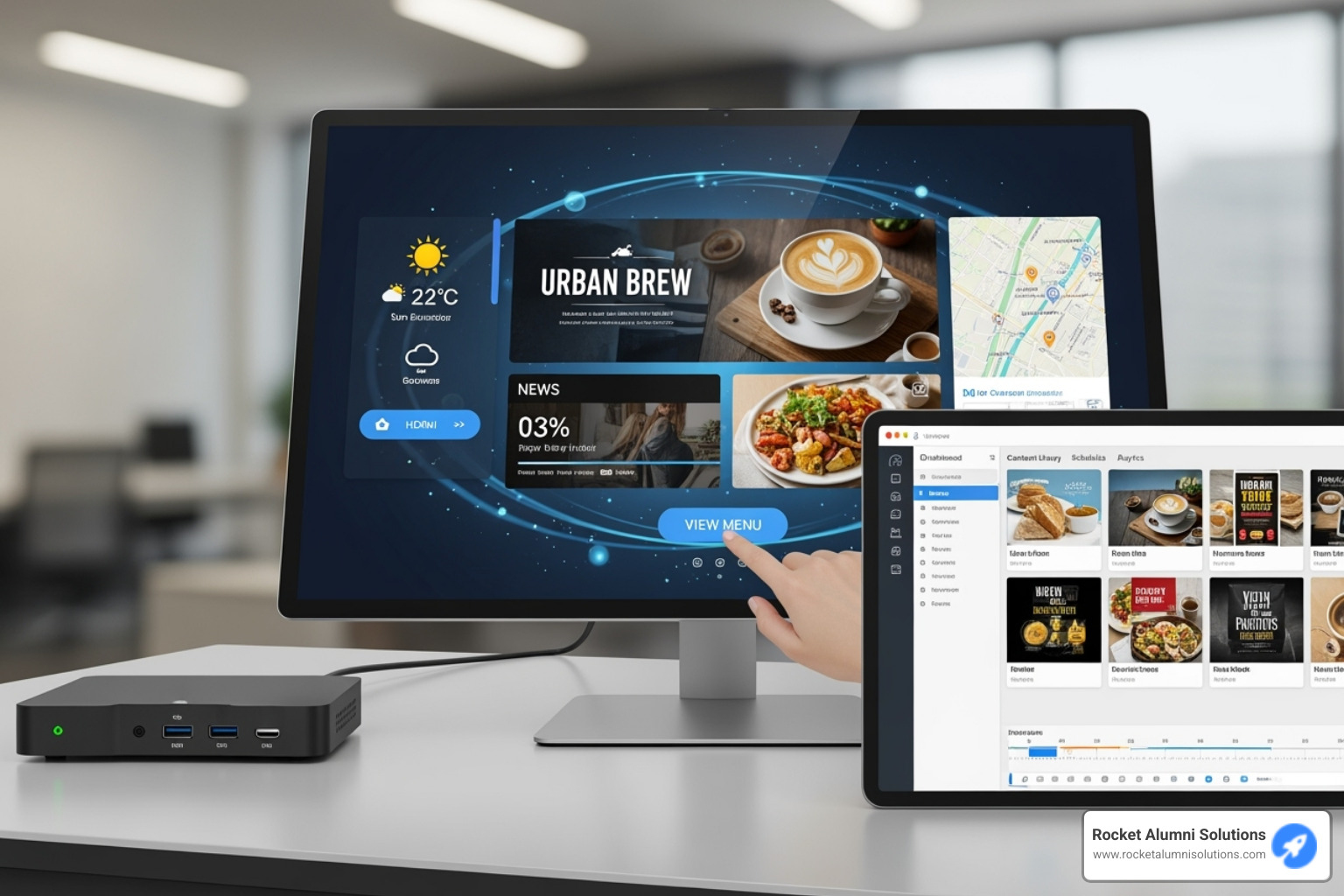 Image of a sleek touchscreen display, a small media player, and a screenshot of a content management software interface - Digital interactive signage