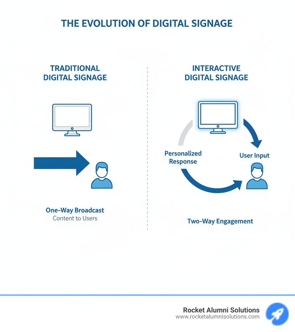 Infographic showing the evolution from traditional one-way digital signage broadcasting content to users, to interactive two-way digital signage where users engage with touchscreens, provide input, and receive personalized responses, with arrows indicating bidirectional communication flow - Digital interactive signage infographic 