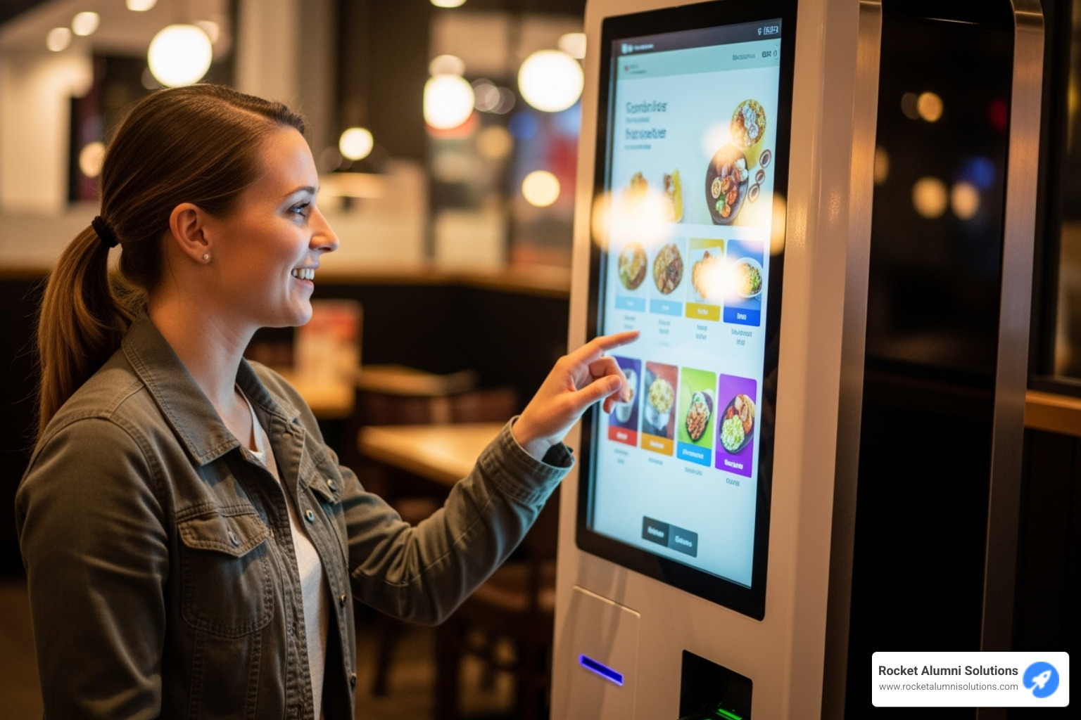 Image of a customer smiling while using a self-service ordering kiosk in a restaurant - Digital interactive signage