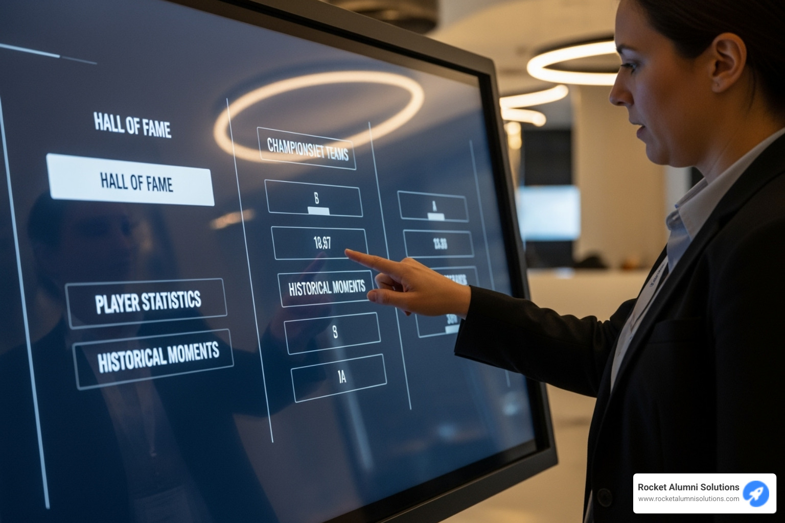 User interacting with a touchscreen, showing categories like 'Hall of Fame' and 'Championship Teams' - Digital Trophy Case User interacting with a touchscreen, showing categories like 'Hall of Fame' and 'Championship Teams' - Digital Trophy Case