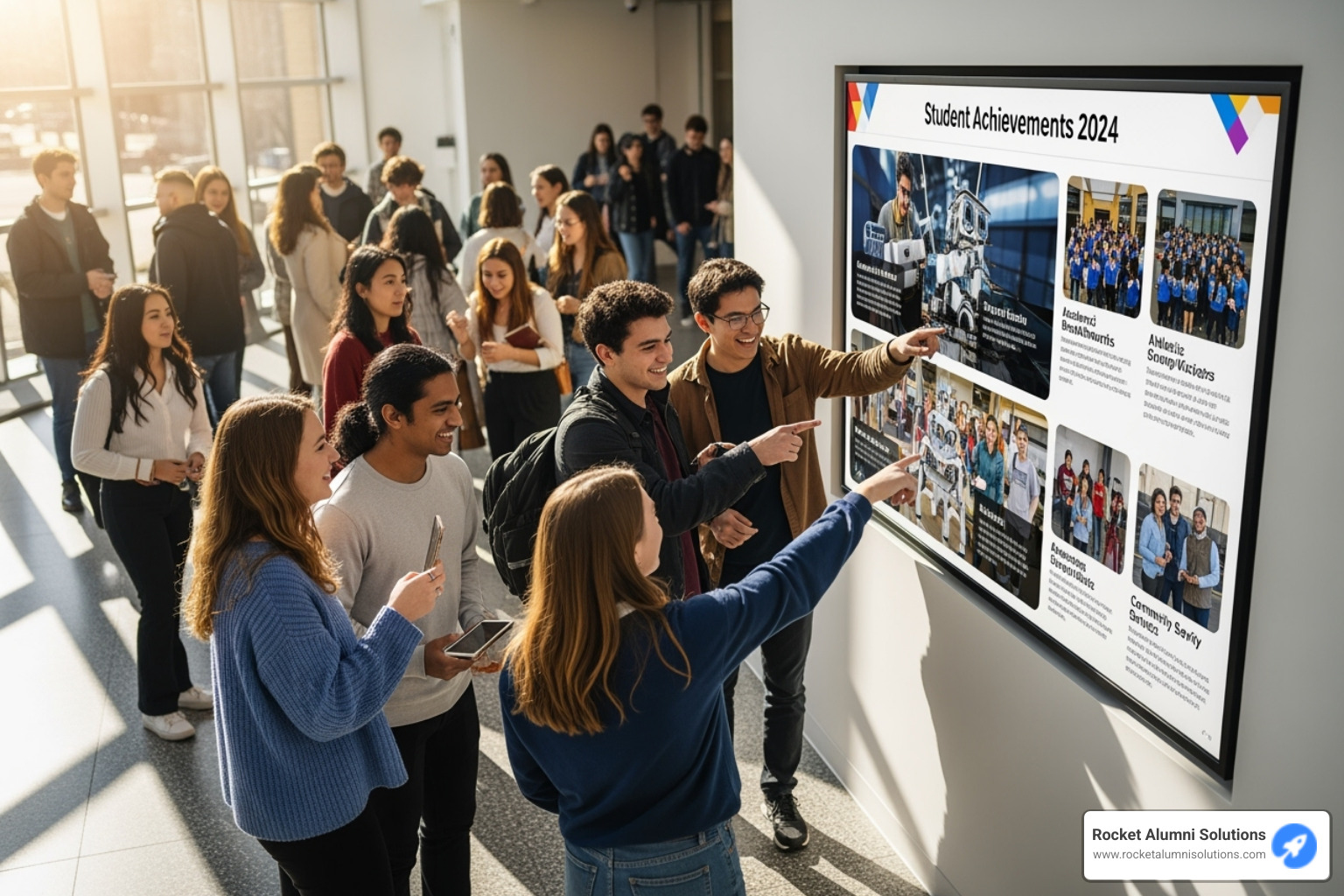 Students gathered excitedly around a digital wall of fame - Digital Trophy Case Students gathered excitedly around a digital wall of fame - Digital Trophy Case