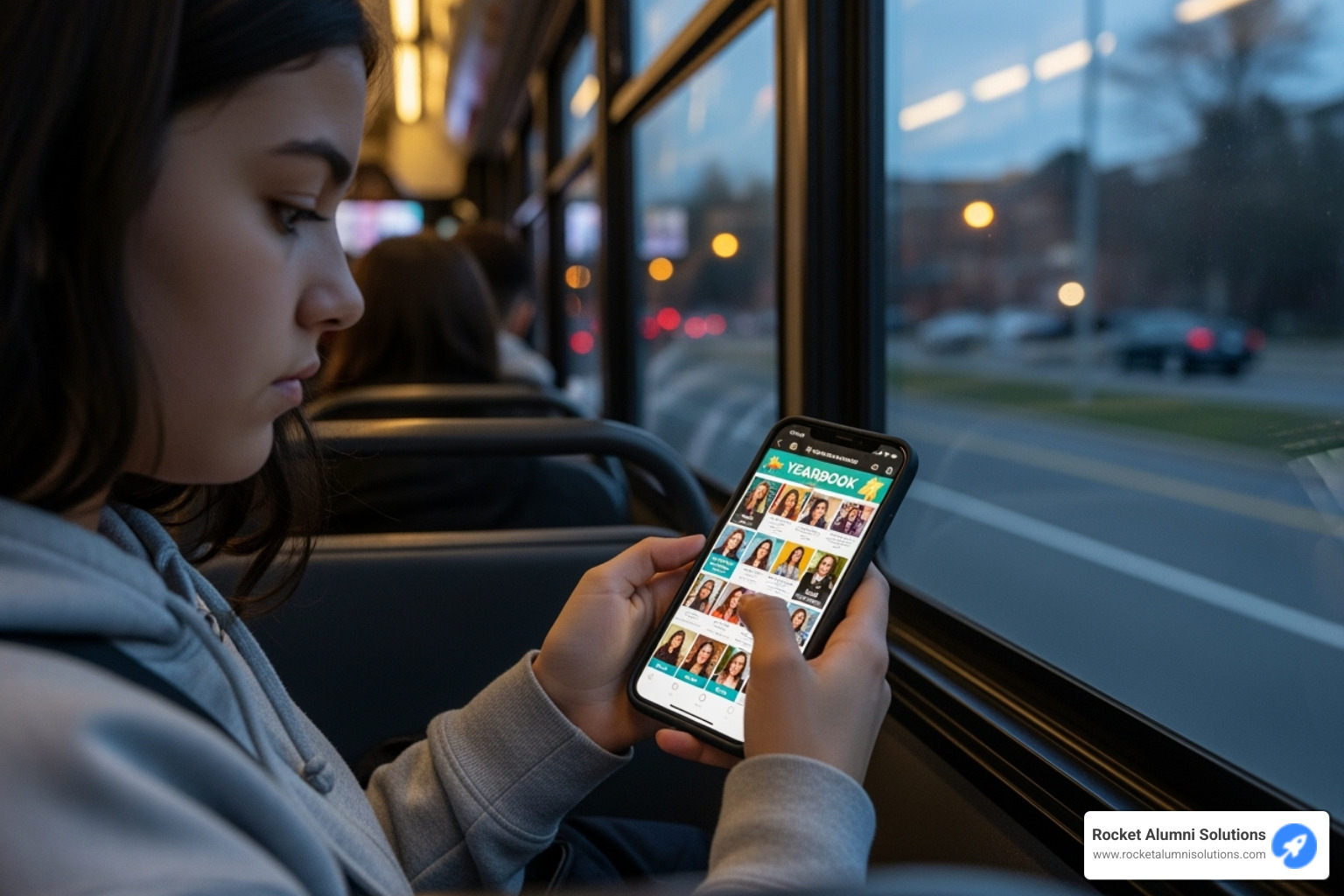 student accessing their digital yearbook on a smartphone while on a bus - virtual yearbook creator