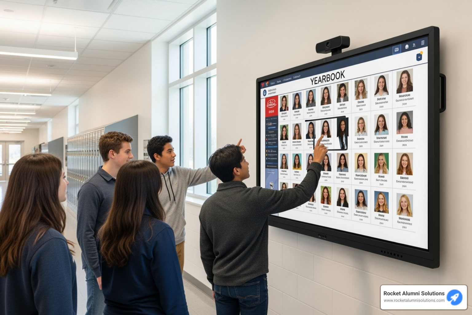 large, interactive touchscreen display in a school hallway showcasing a digital yearbook - virtual yearbook creator